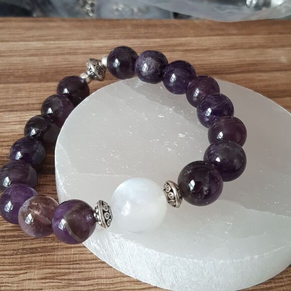 Wicked Treasures Jewelry - Amethyst & Moonstone Beaded Stretch Bracelet
